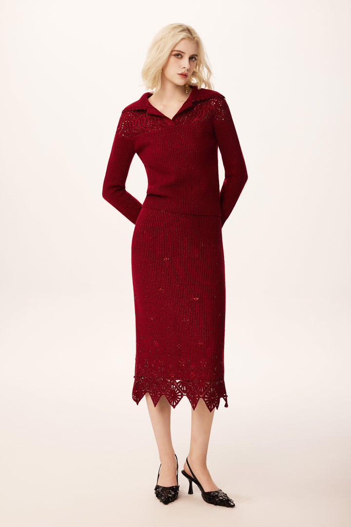Solelegia Wine Red Crochet Beaded V-Neck Wool Knit Crop Sweater