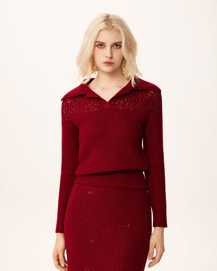 Solelegia Wine Red Crochet Beaded V-Neck Wool Knit Crop Sweater