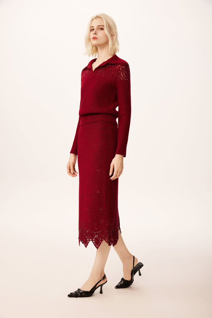Solelegia Wine Red Crochet Beaded V-Neck Wool Knit Crop Sweater