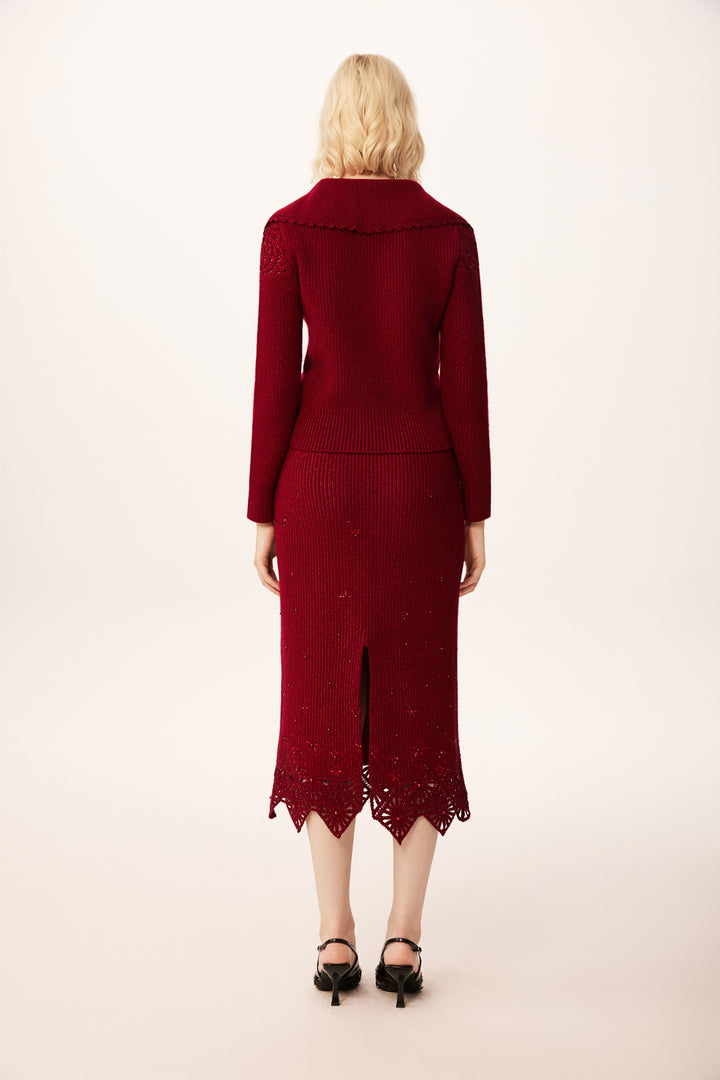 Solelegia Wine Red Crochet Beaded V-Neck Wool Knit Crop Sweater