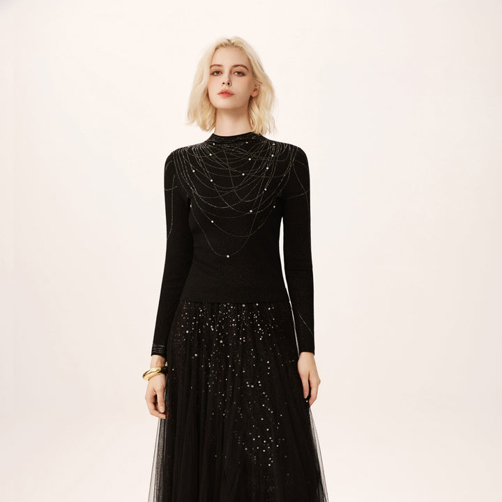 Solelegia Half Turtleneck Rhinestone Slim Wool Knit Sweater