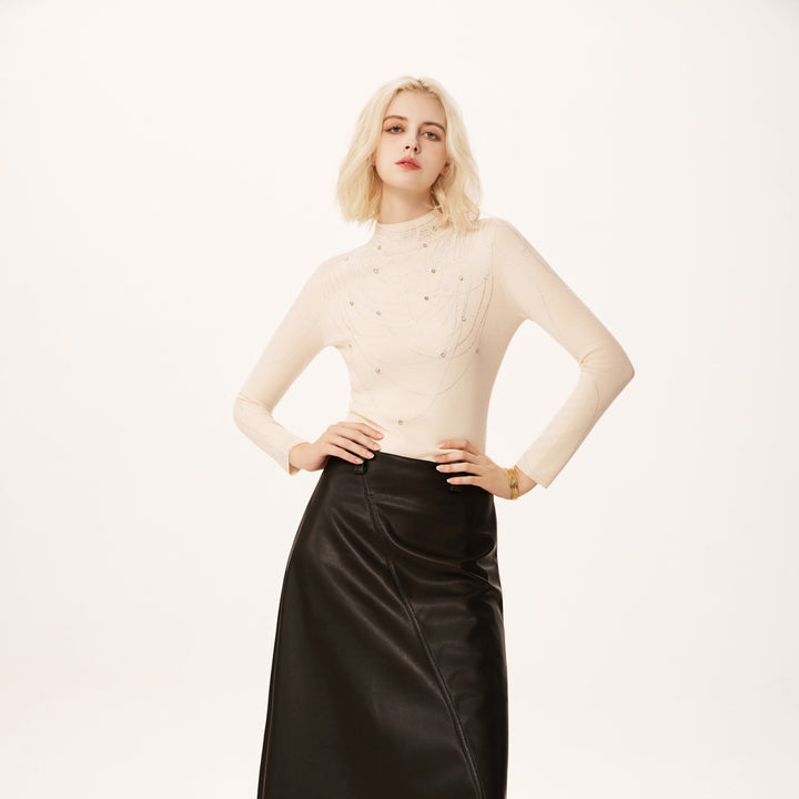 Solelegia Half Turtleneck Rhinestone Slim Wool Knit Sweater