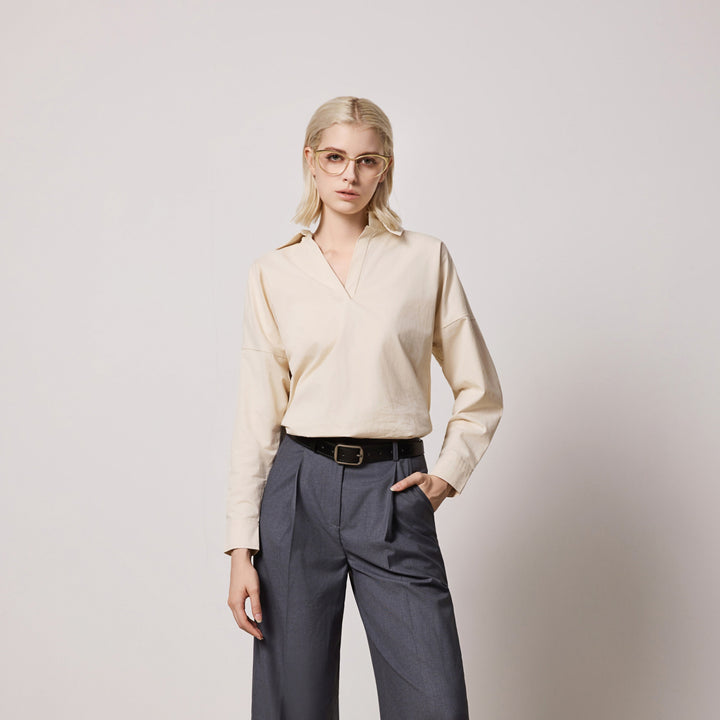 Solelegia Light Almond Pullover V-Neck Cotton Shirt