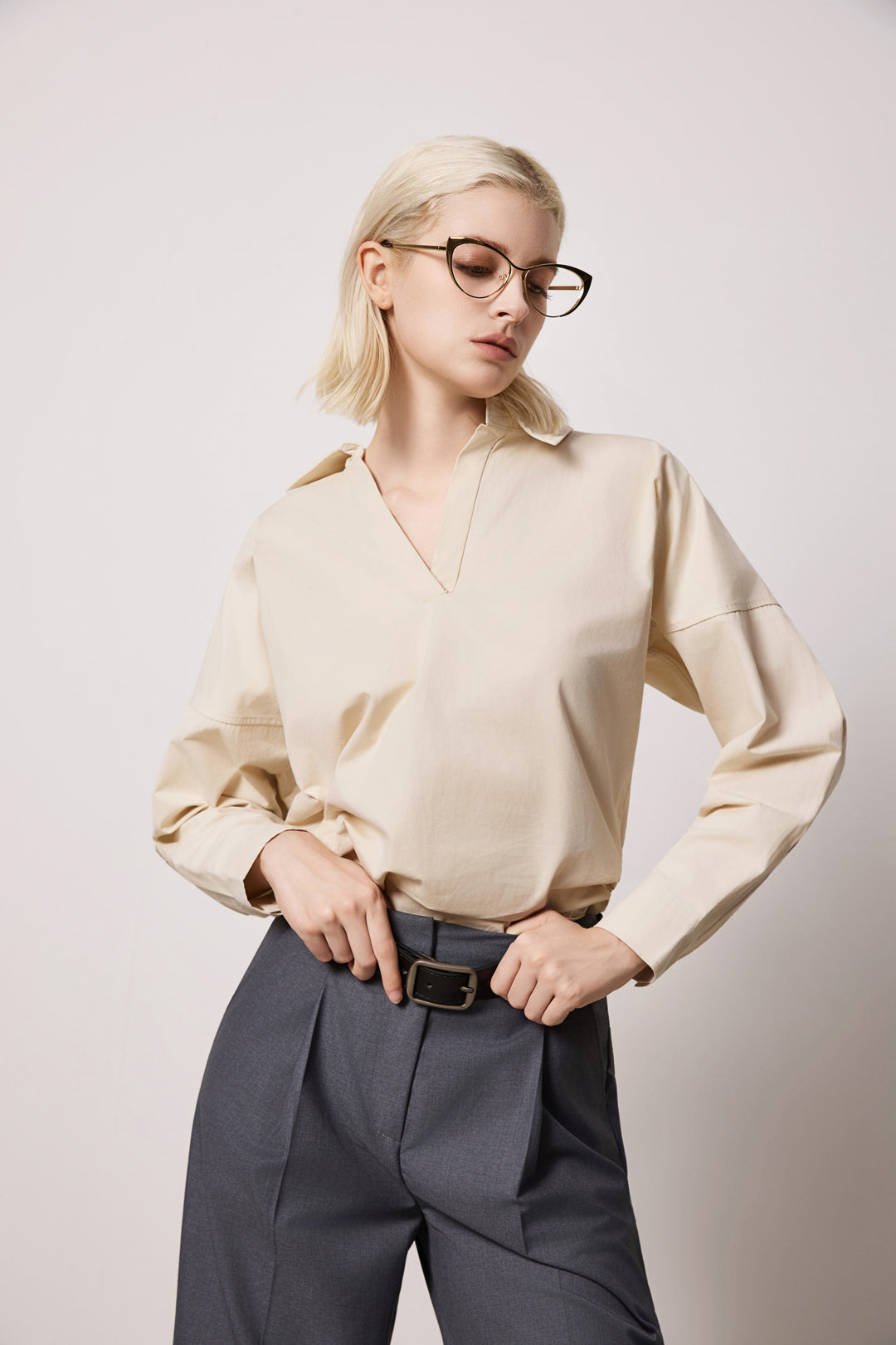 Solelegia Light Almond Pullover V-Neck Cotton Shirt