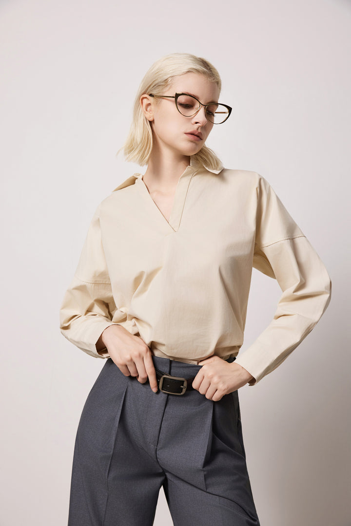 Solelegia Light Almond Pullover V-Neck Cotton Shirt