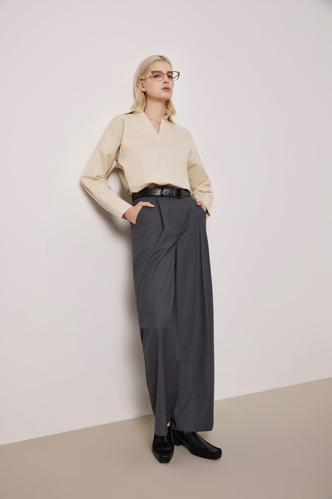 Solelegia Light Almond Pullover V-Neck Cotton Shirt