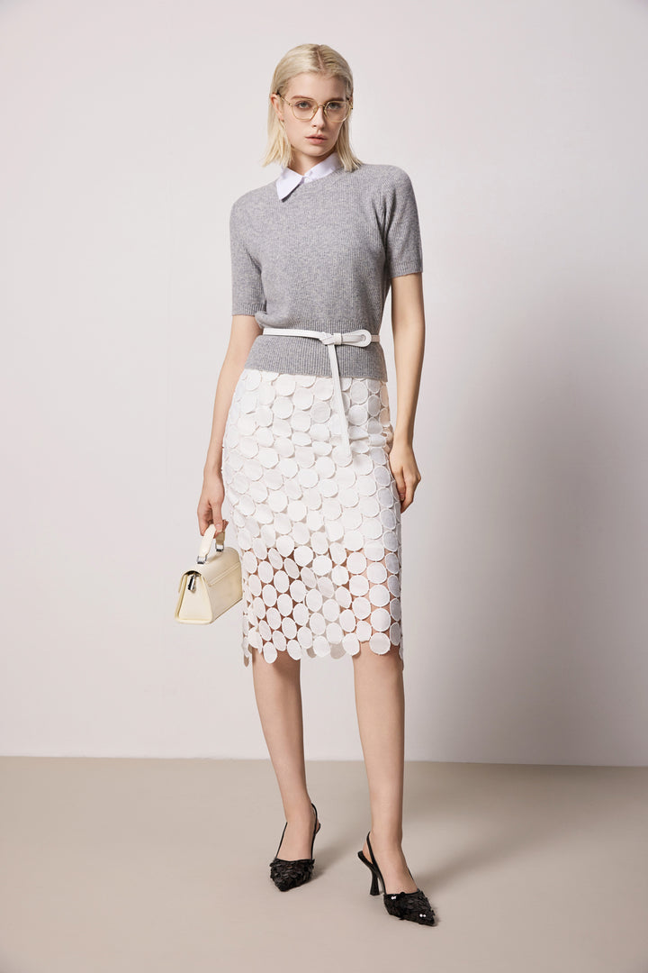 Solelegia White Hollow-Out Slim Straight Skirt