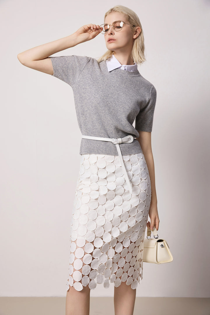 Solelegia White Hollow-Out Slim Straight Skirt