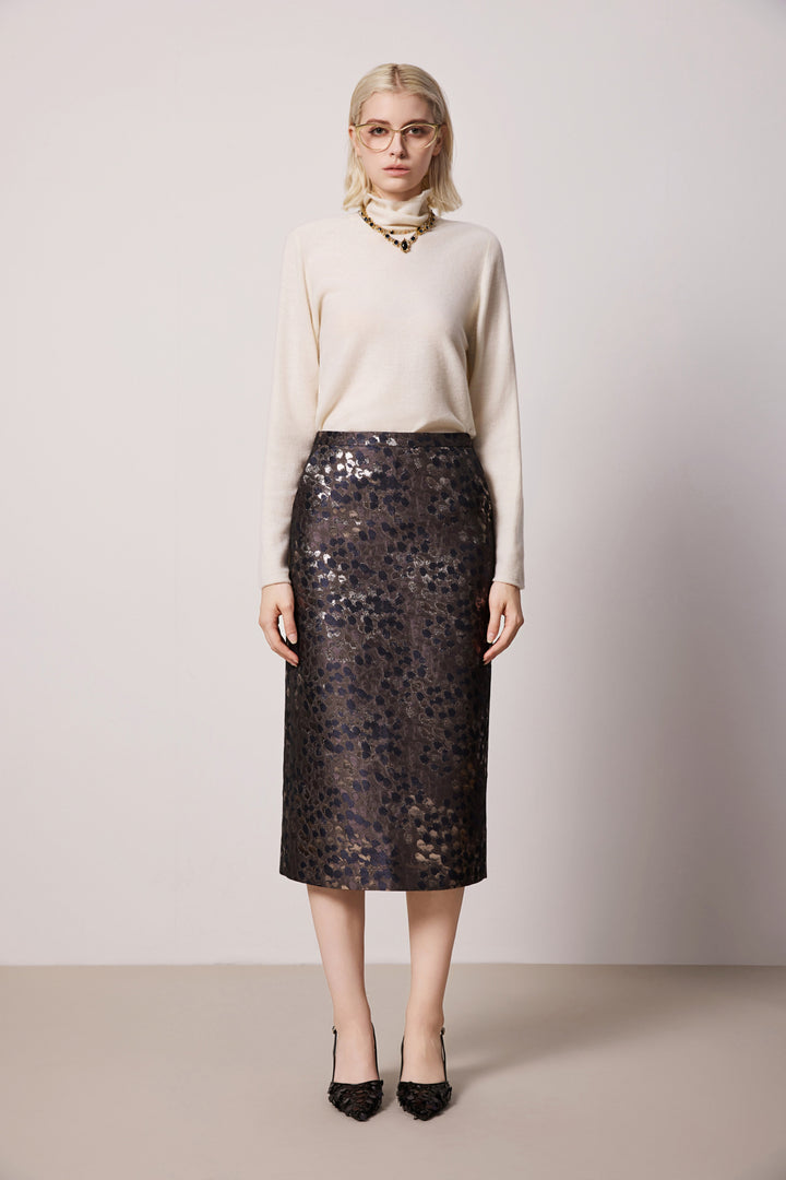 Solelegia Brown Jacquard Straight Skirt
