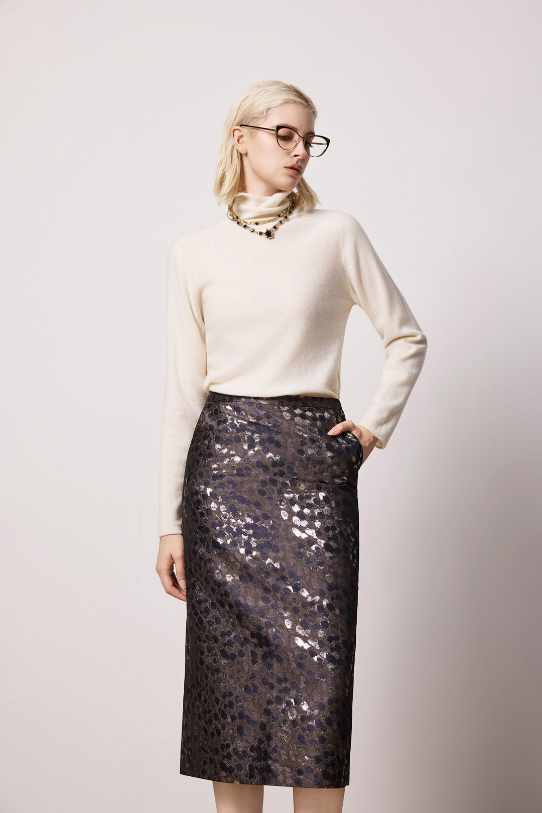 Solelegia Brown Jacquard Straight Skirt