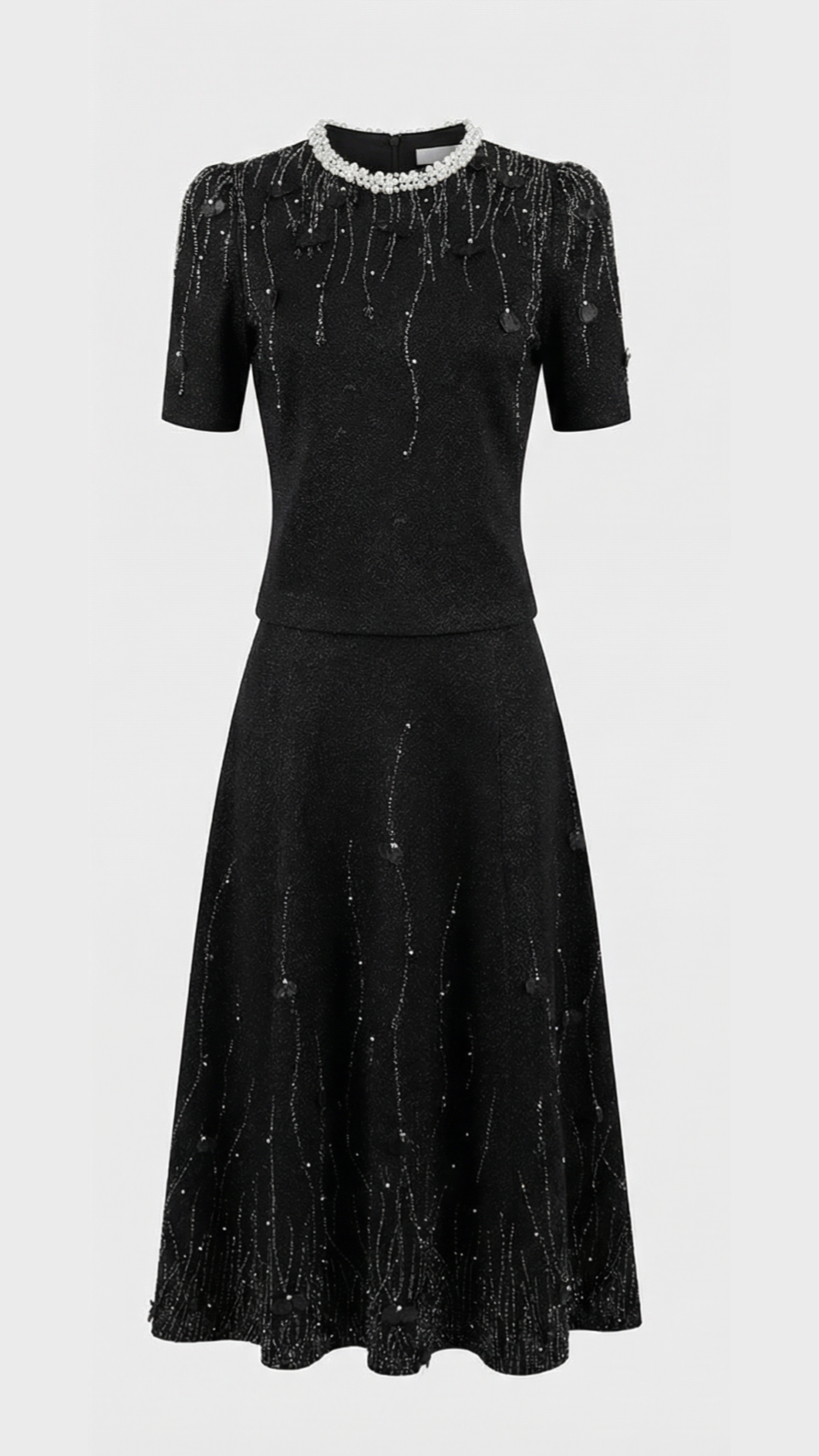 Wool Knit Jacquard Midi Skirt with Pearls & Crystals