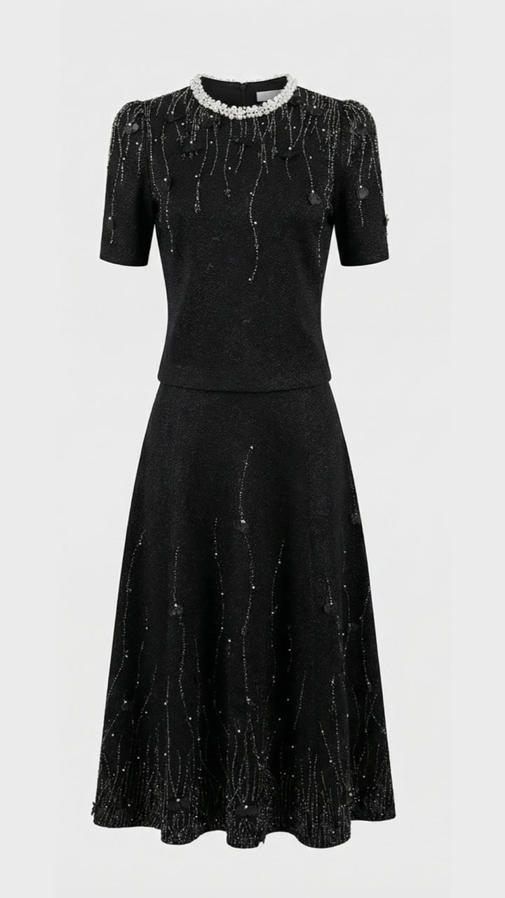 Puff Sleeve Jacquard Top with Pearls & Crystals