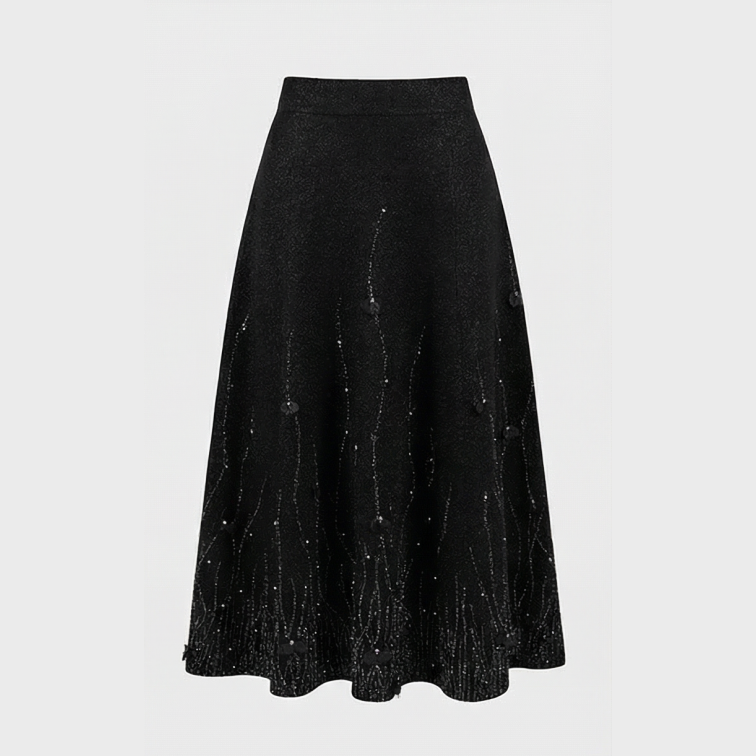 Wool Knit Jacquard Midi Skirt with Pearls & Crystals
