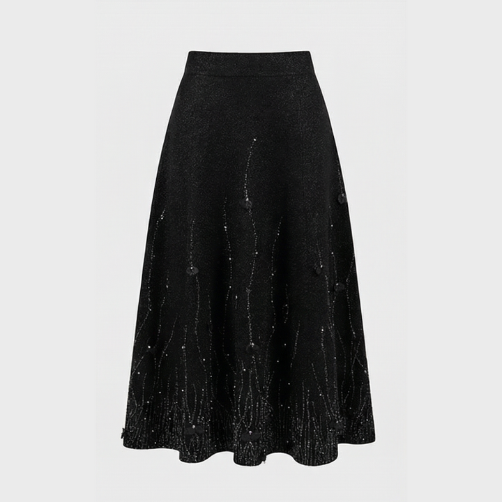 Wool Knit Jacquard Midi Skirt with Pearls & Crystals