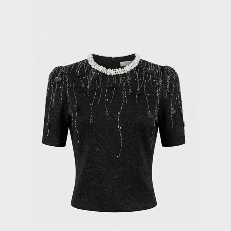 Puff Sleeve Jacquard Top with Pearls & Crystals