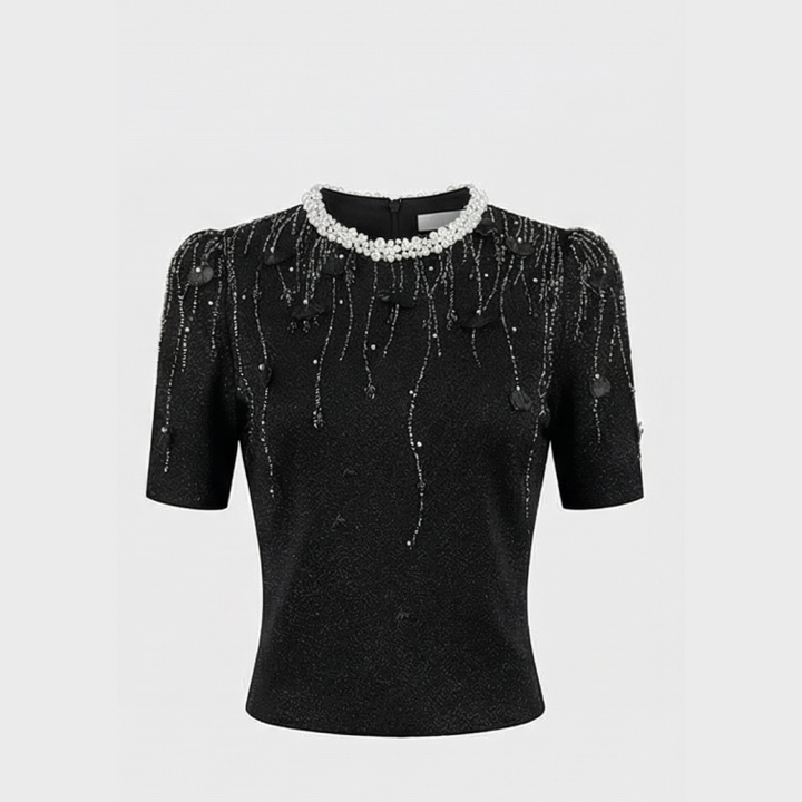 Puff Sleeve Jacquard Top with Pearls & Crystals