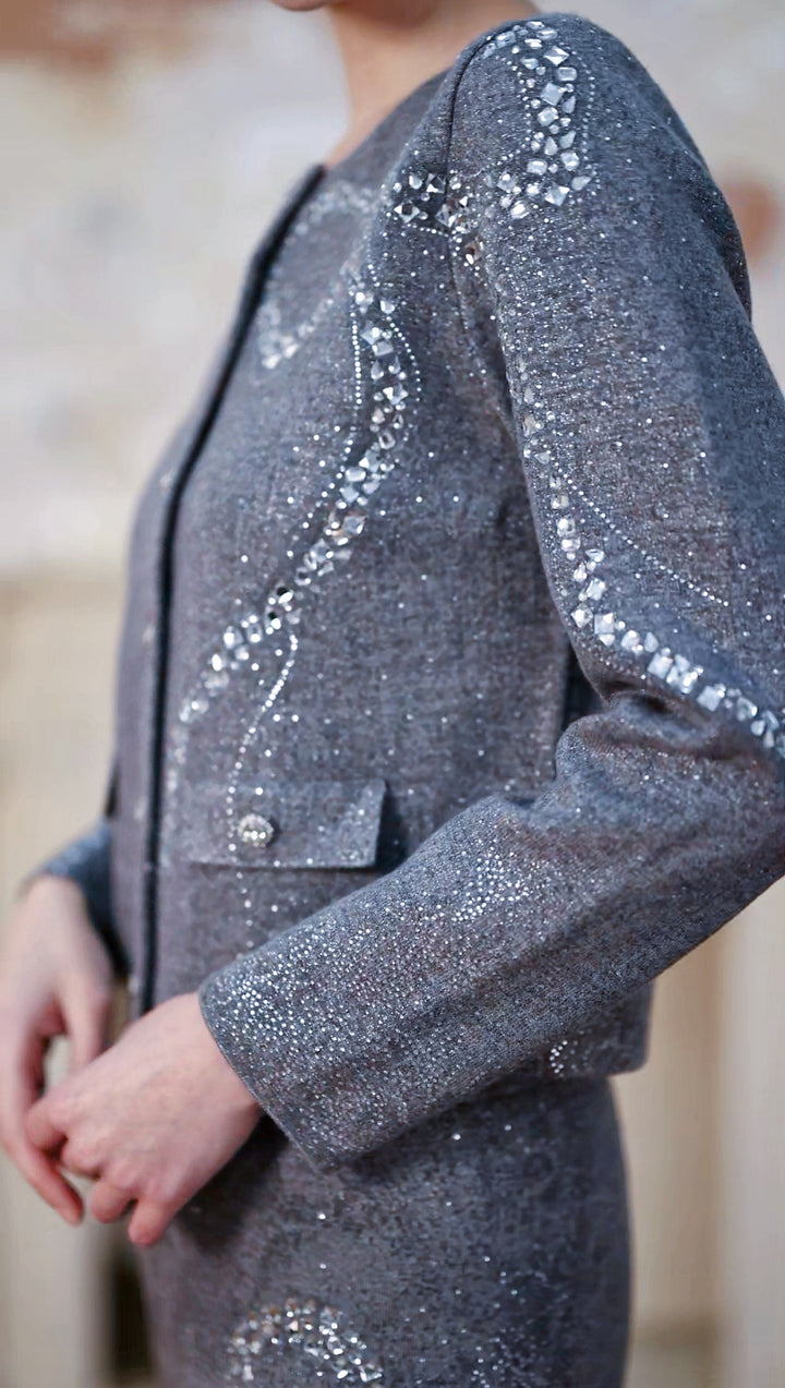 Diamond-Embellished Bow Elegant Pink Gray Knit Cardigan Top