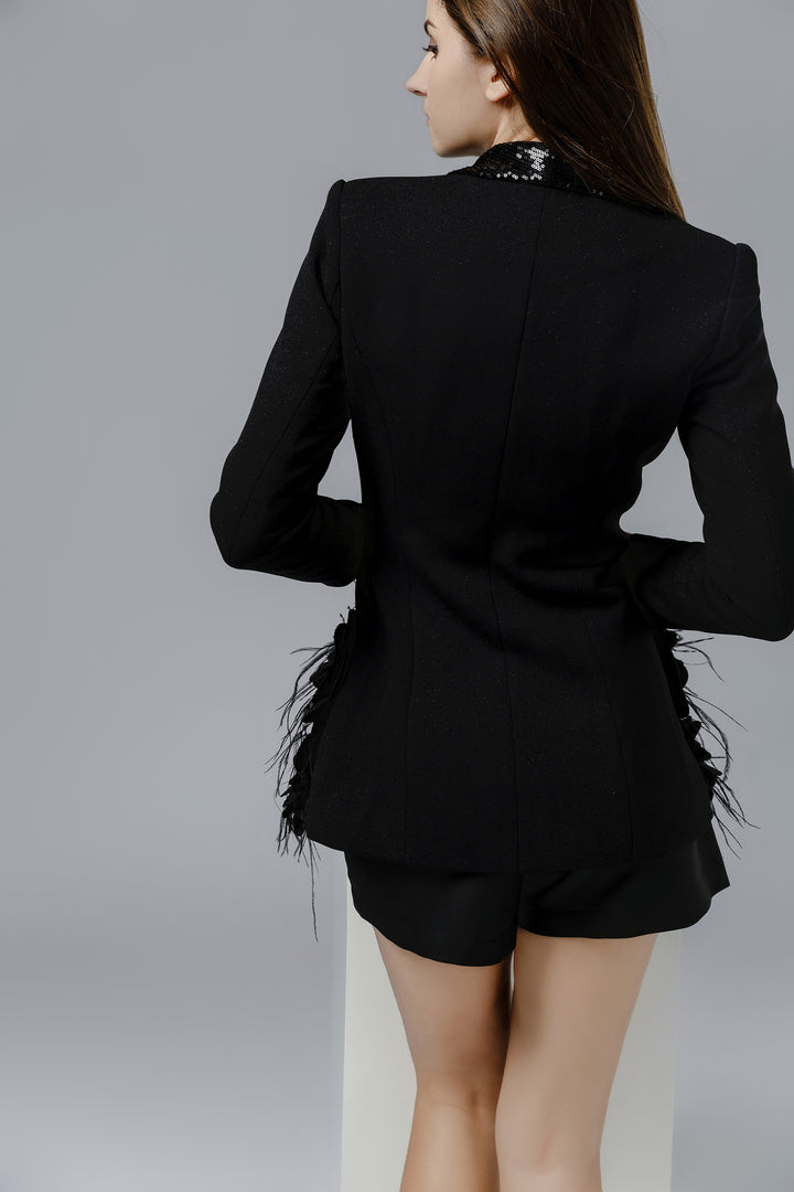 BLACK FEATHER EMBROIDERED BLAZER