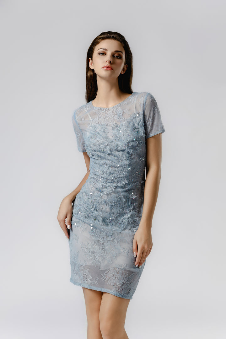 LACE BEAD EMBROIDERED SLIM DRESS