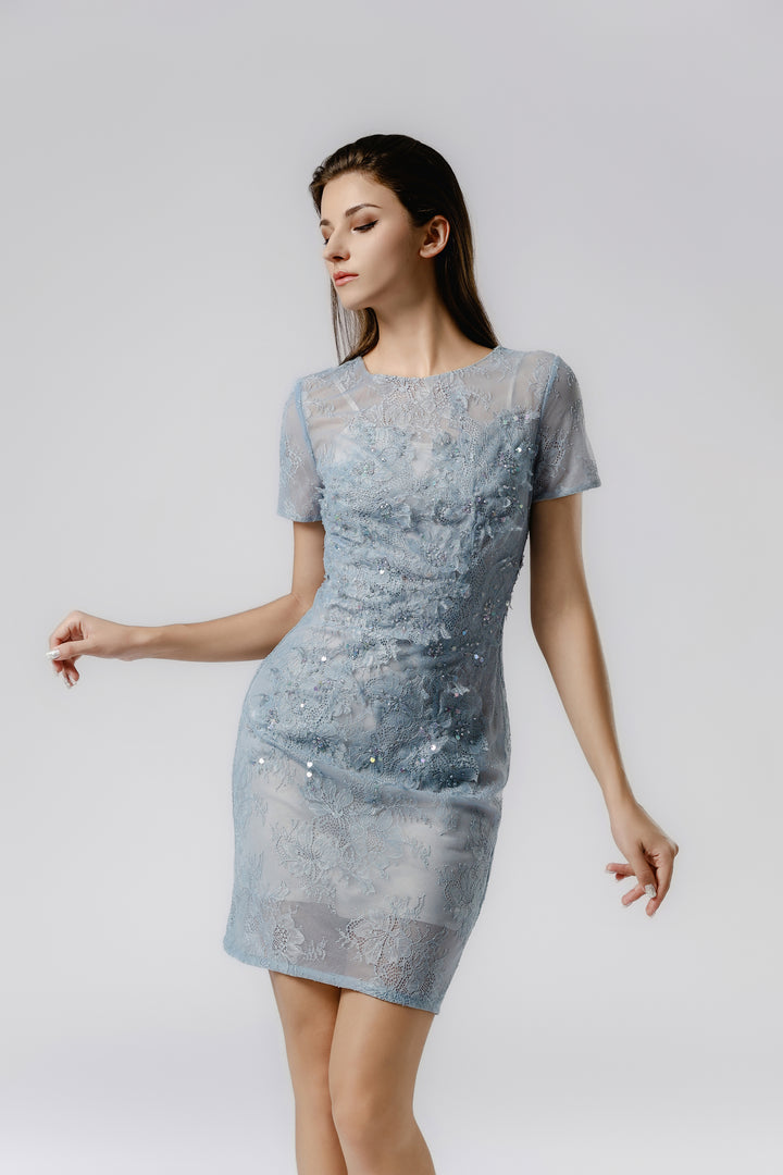 LACE BEAD EMBROIDERED SLIM DRESS