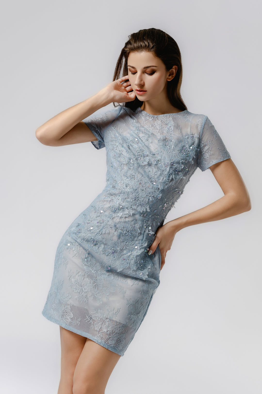 LACE BEAD EMBROIDERED SLIM DRESS