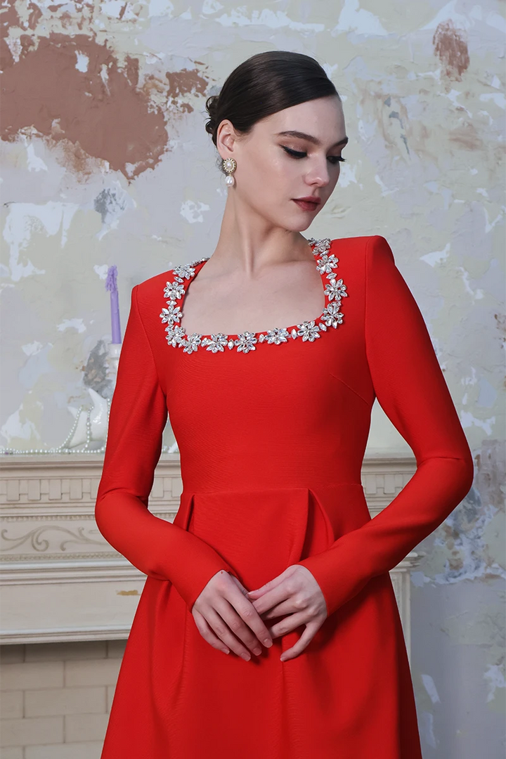 Square-Neck Crystal Long Sleeve Dress
