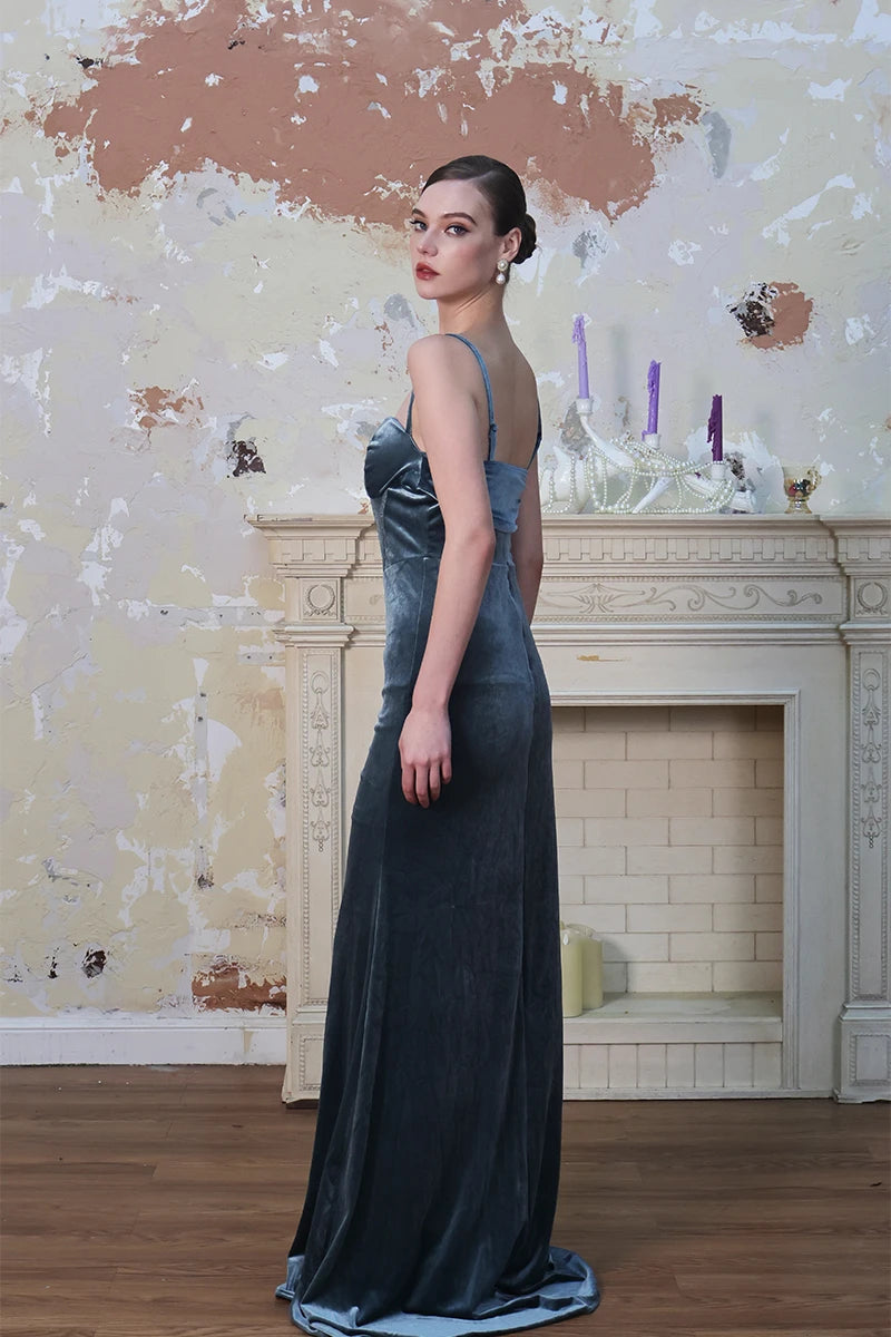 Velvet Spaghetti Strap High-Slit Evening Gown for Women