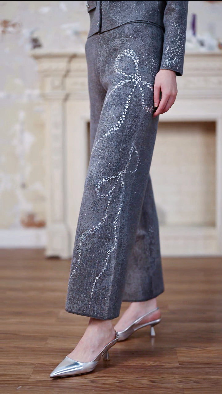 Diamond-Embellished Bow Slim Fit Gray High Waist Trouser