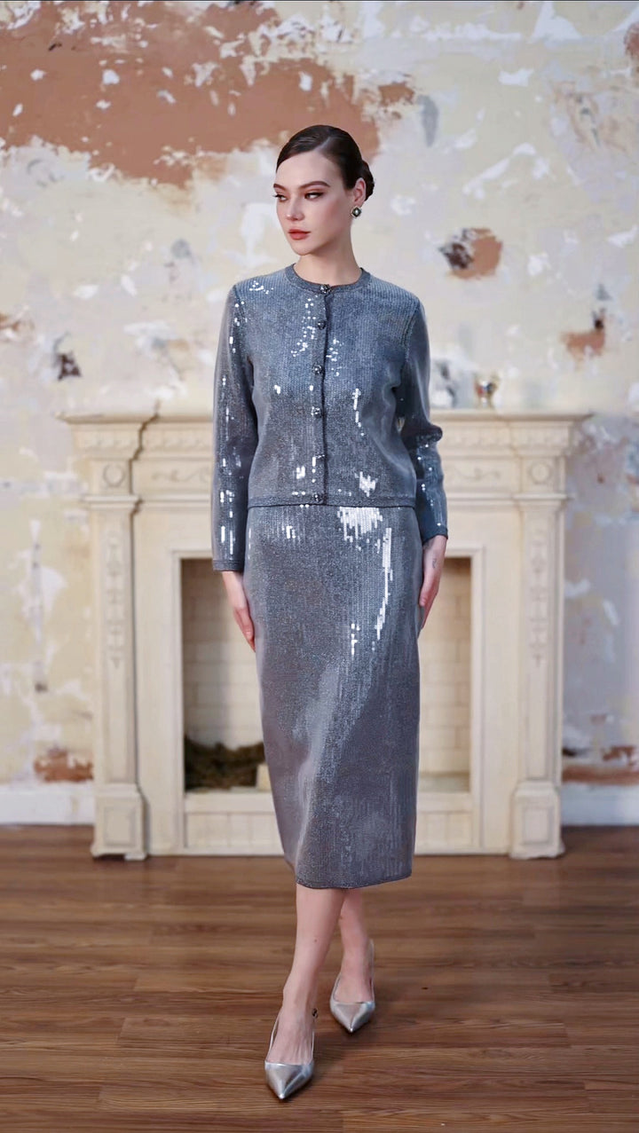 Gray Sequin Round Neck Long Sleeved Cardigan Top