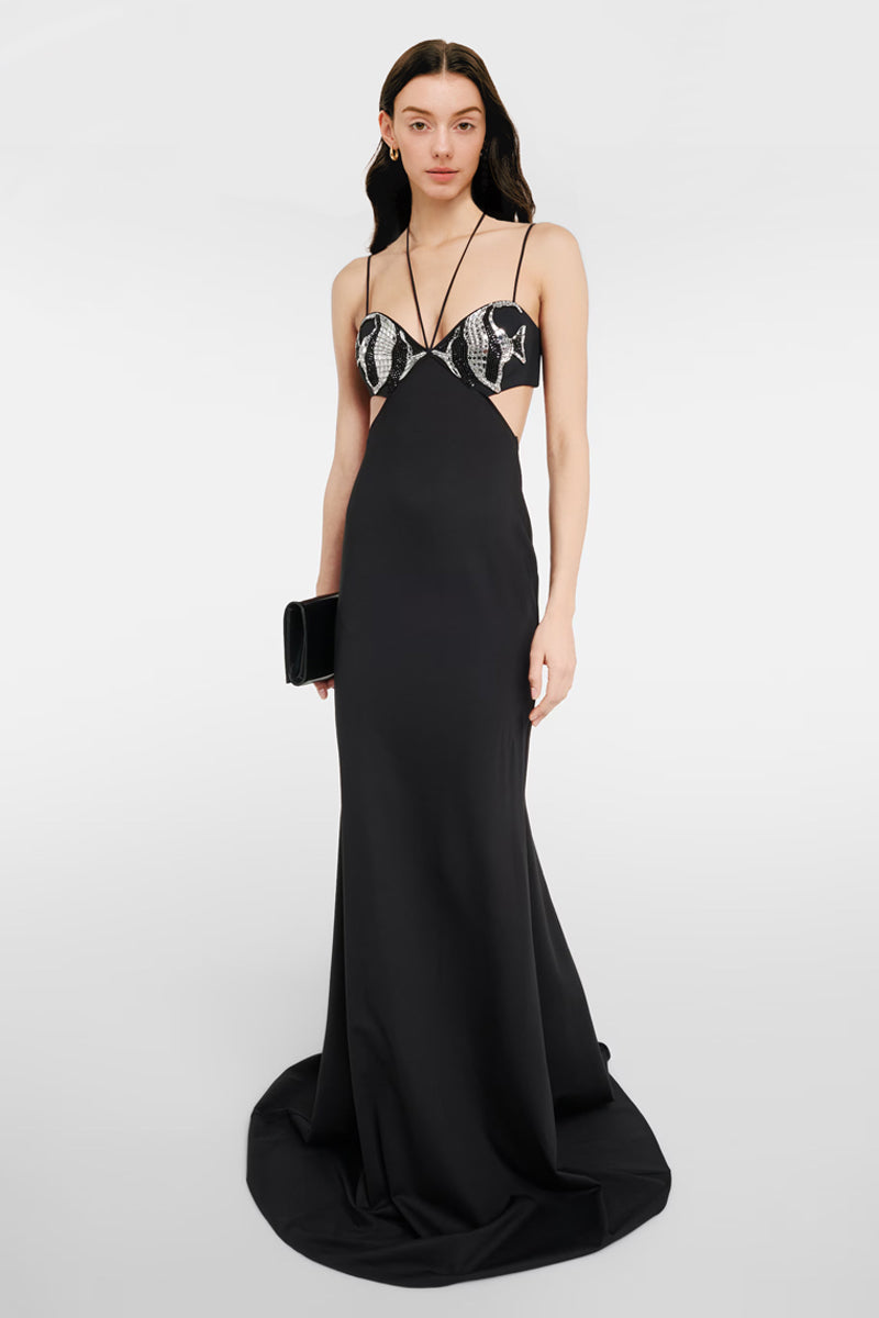 Black crystal embellished evening dress front view