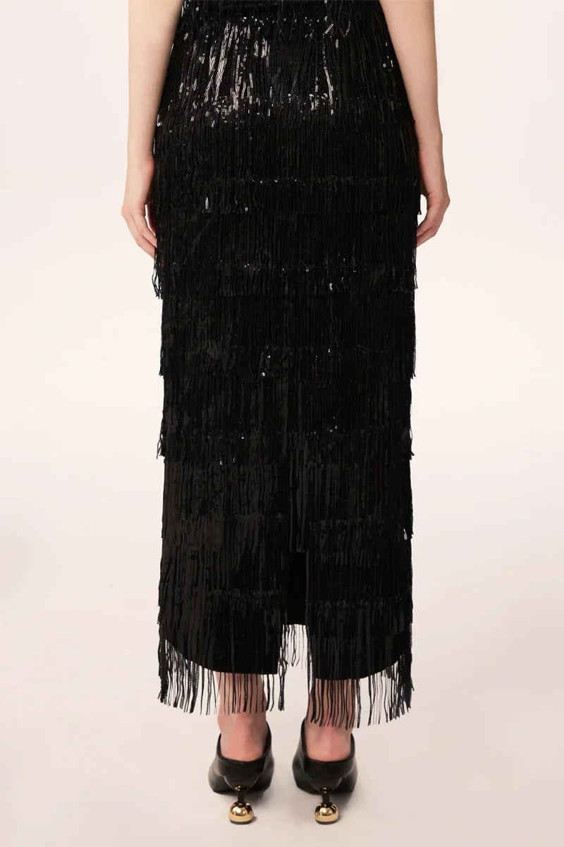 Black sequin fringe midi skirt back view