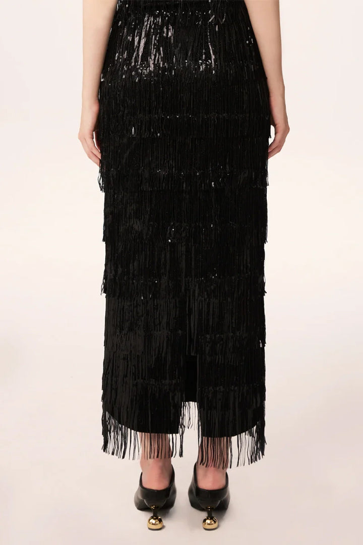 Black sequin fringe midi skirt back view