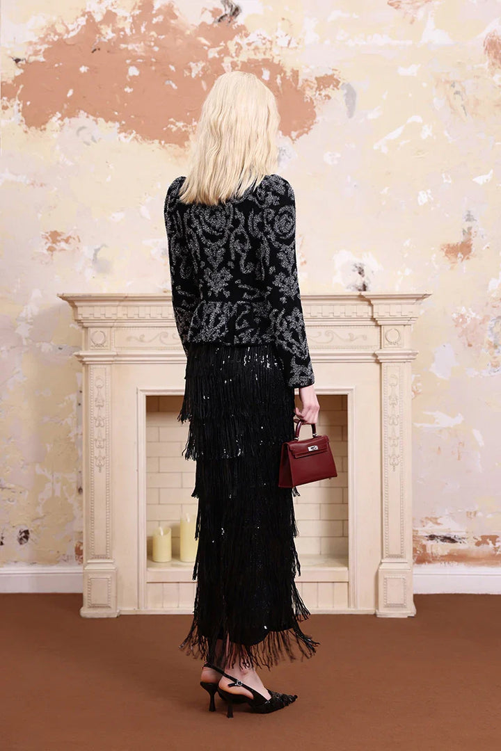 Black sequin fringe midi skirt back view, chic versatile women’s evening fashion skirt