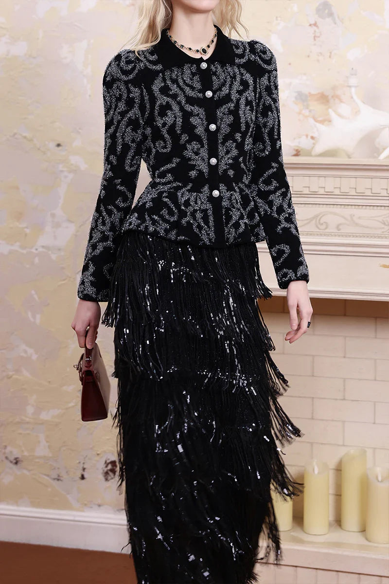 Close-up of black sequin fringe midi skirt, sparkling sequin details and elegant texture
