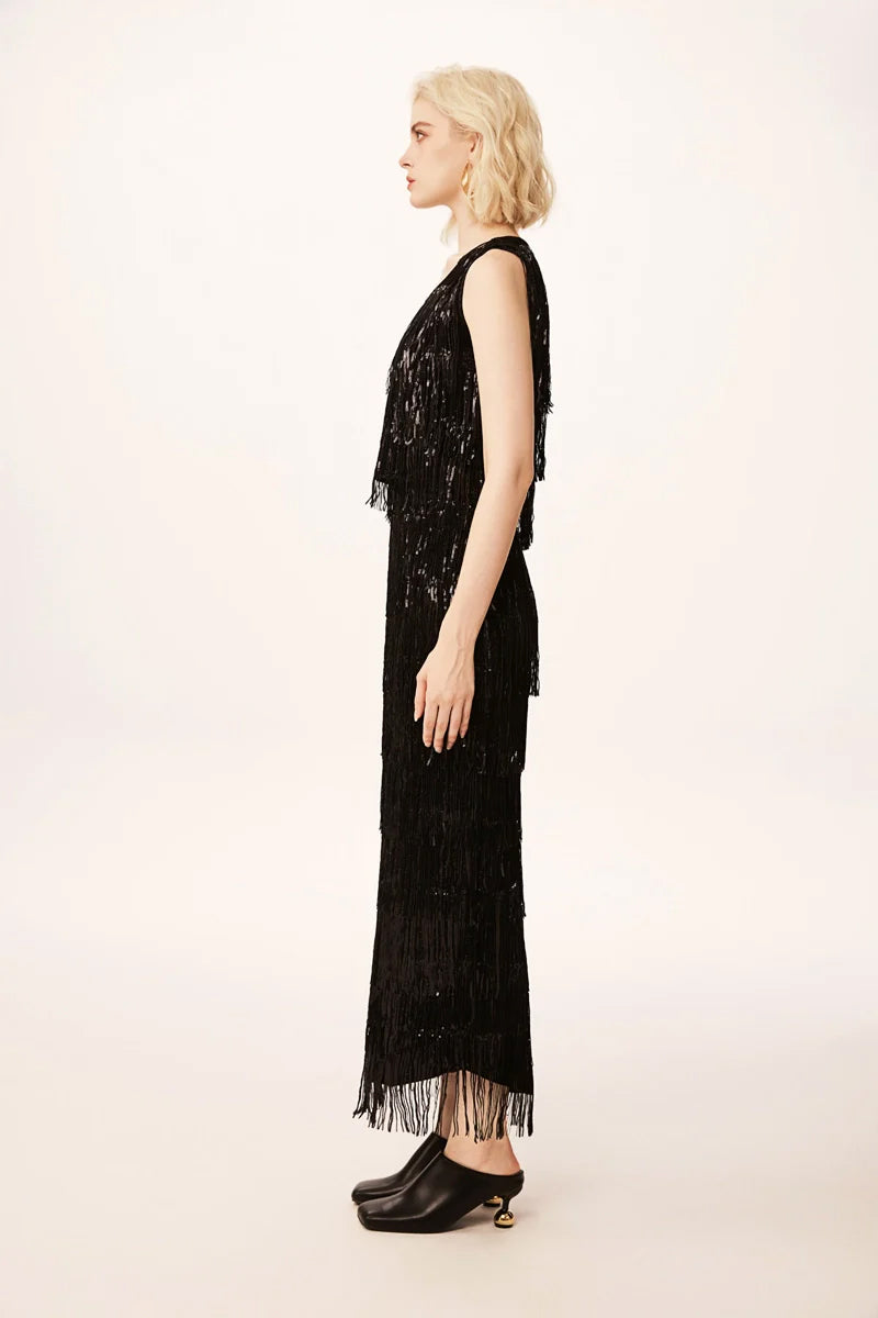 Black sequin fringe midi skirt side view