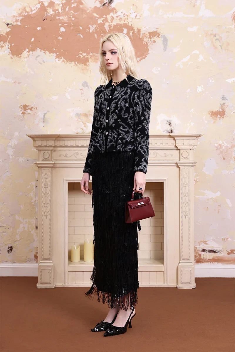 Black sequin fringe midi skirt side view, stylish elegant skirt for party and evening wear