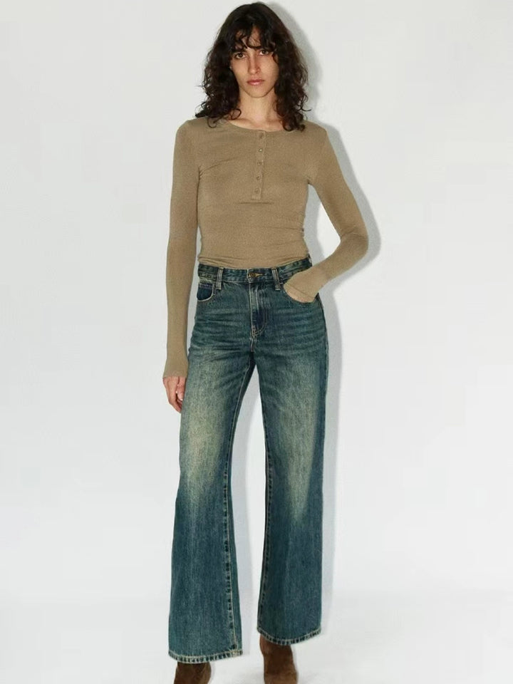 Front view of buttoned long sleeve base T-shirt