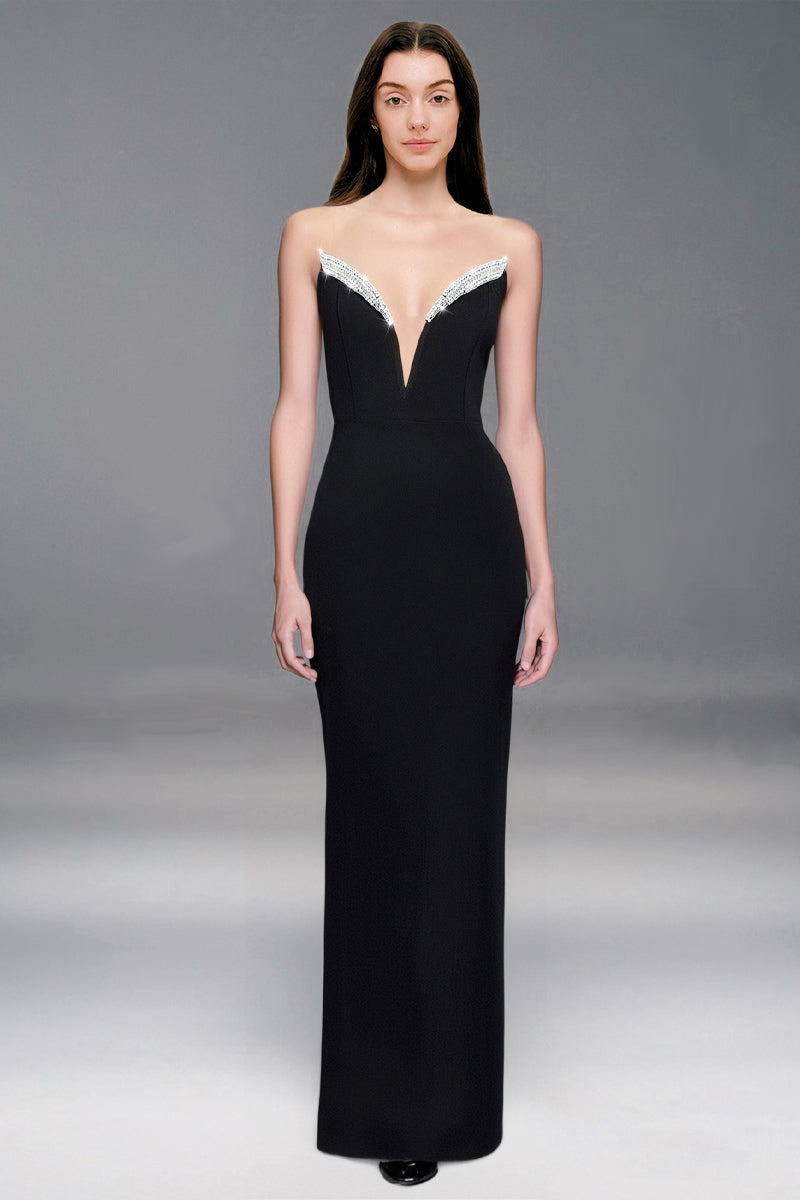 Front view of the diamond-trim deep V bandage evening dress