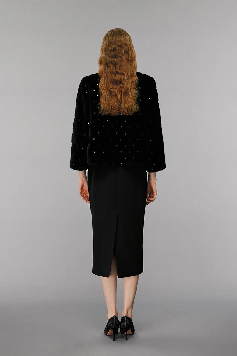 Embellished wool coat back view, chic versatile women’s coat with luxury details