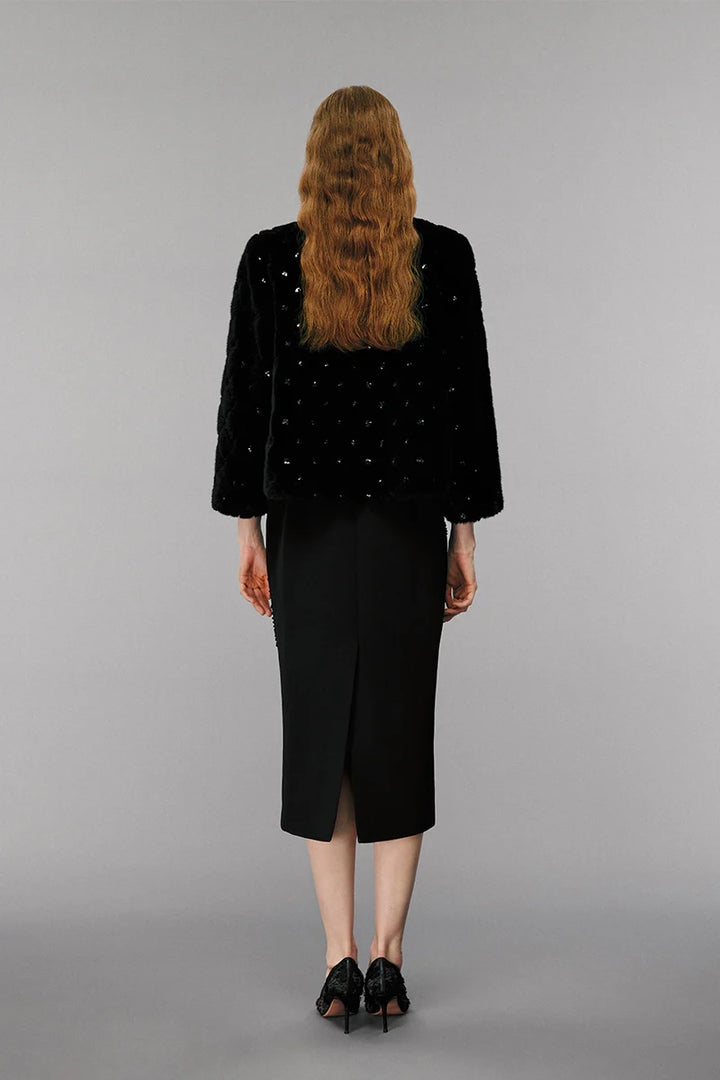 Embellished wool coat back view, chic versatile women’s coat with luxury details