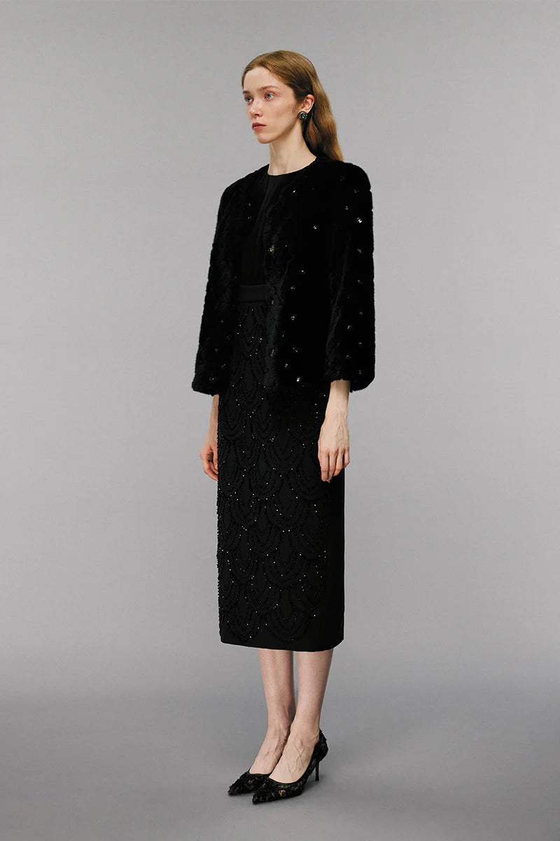 Embellished wool coat side view, stylish elegant women’s outerwear for winter fashion