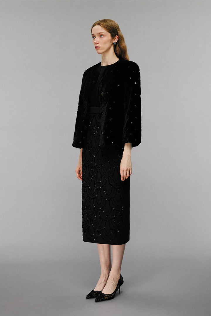 Embellished wool coat side view, stylish elegant women’s outerwear for winter fashion