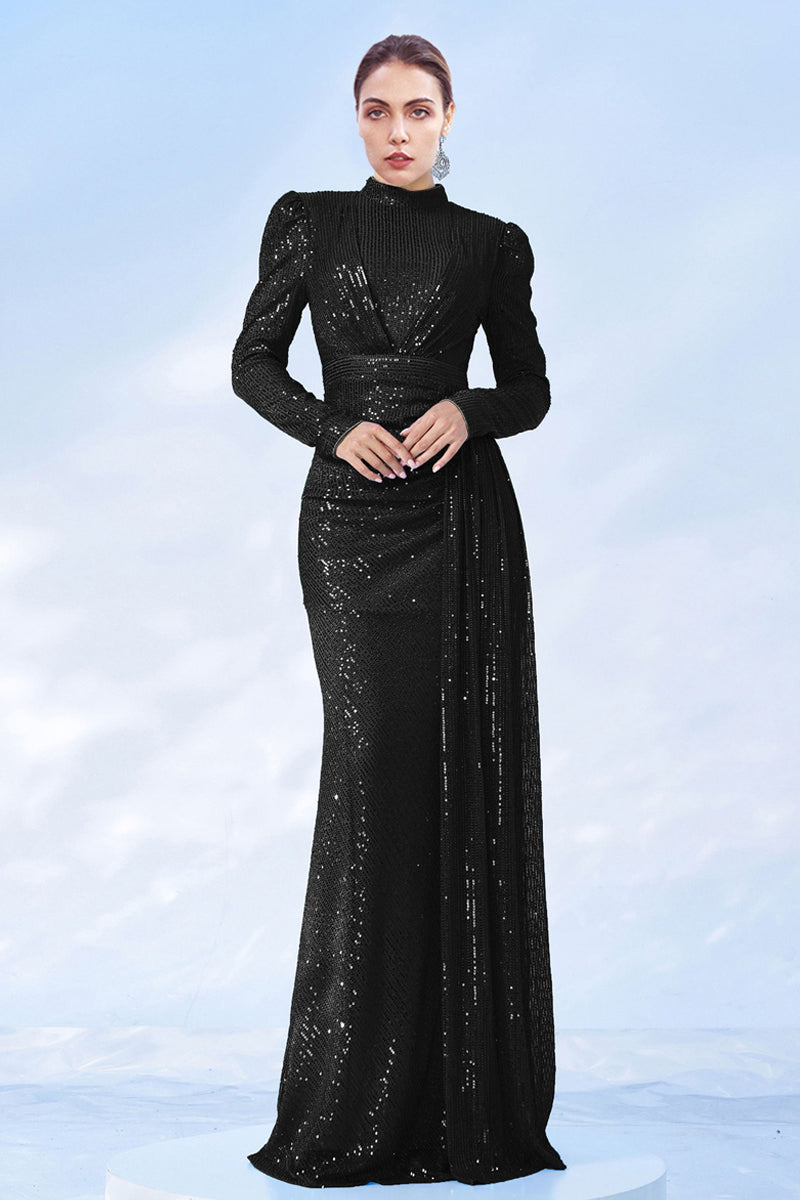 Front view of high-neck slim fit long sequined evening dress