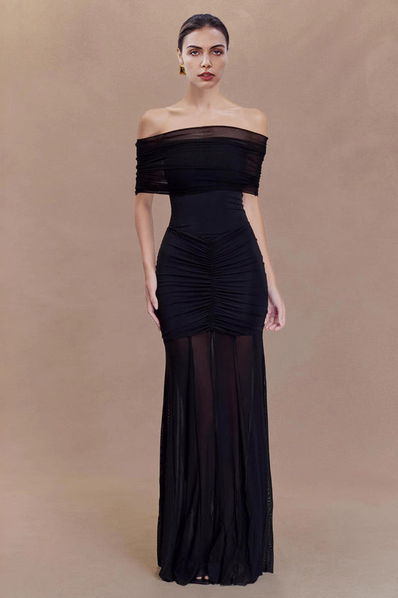 Front view of mesh off-shoulder convertible bustier dress