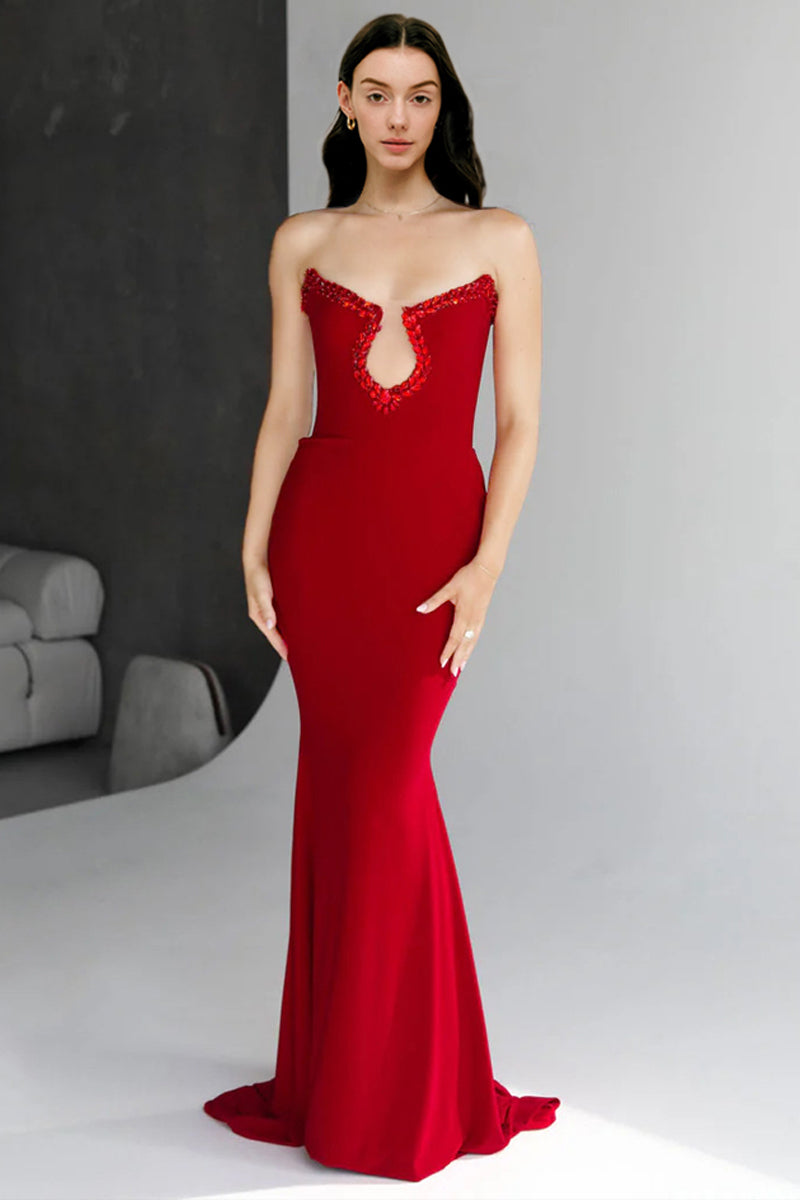 Red crystal strapless mermaid dress with fishtail silhouette