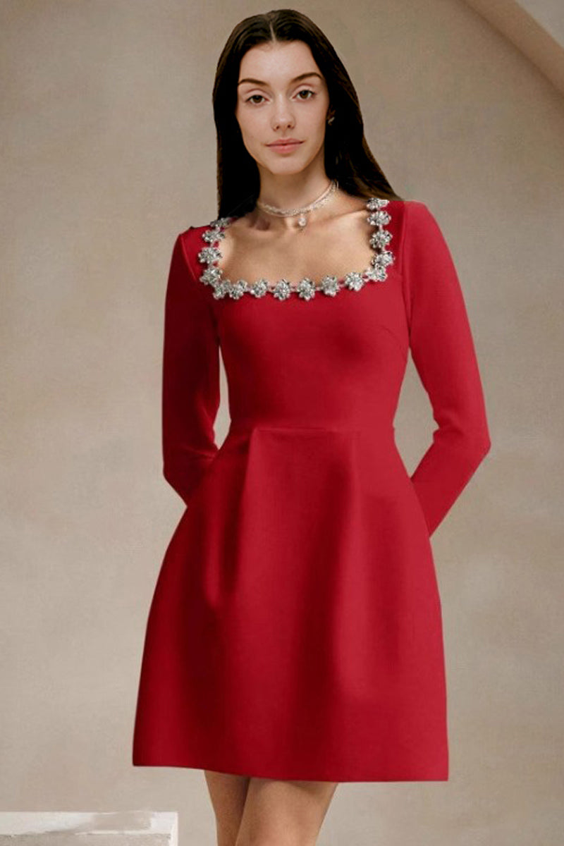 Red-square-neck crystal long sleeve dress in a sleek, elegant silhouette