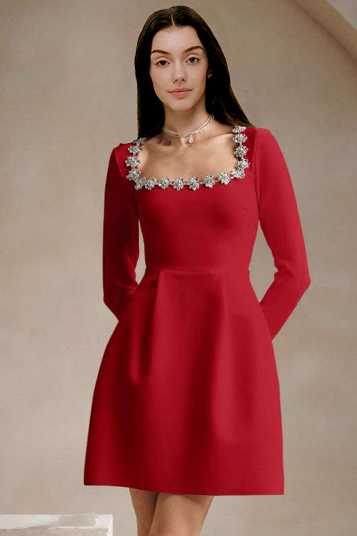 Red-square-neck crystal long sleeve dress in a sleek, elegant silhouette