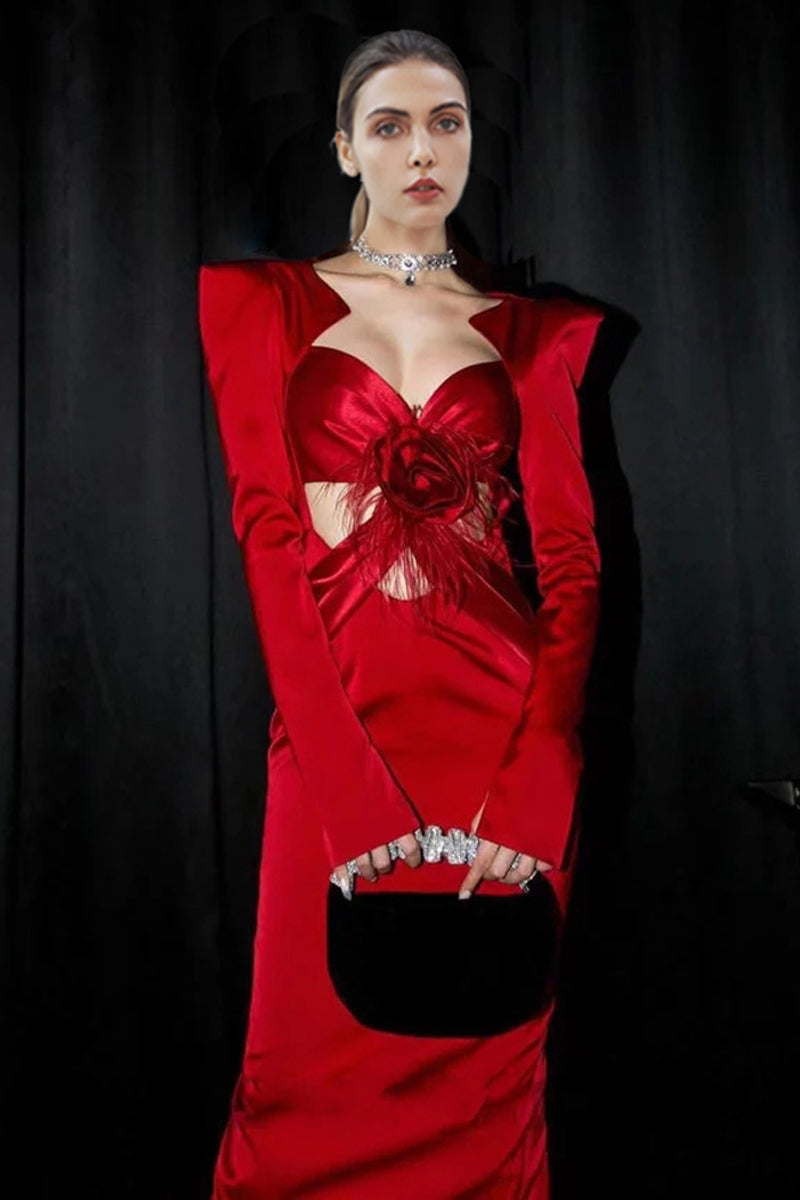 Ruby Radiance satin heart cut dress with padded shoulders