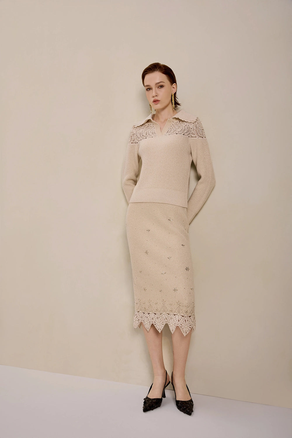 Solelegia Beige Wool Knit Crop Sweater Model Wearing for Date Night
