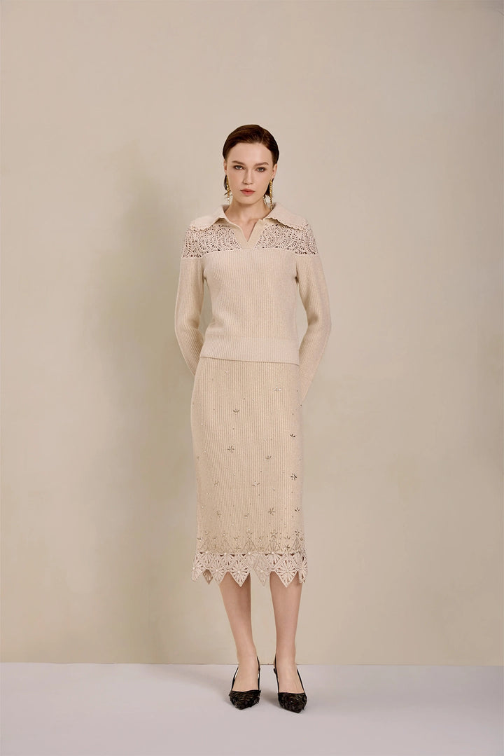 Solelegia Beige Wool Knit Crop Sweater Model Wearing for Party